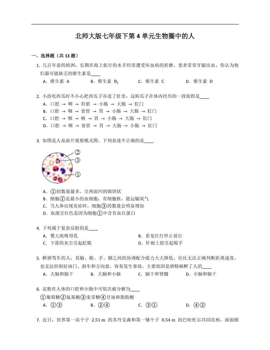 第4单元生物圈中的人单元同步训练（含答案）北师大版七年级下