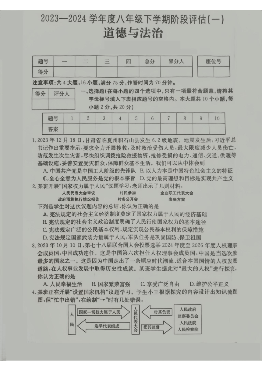 山西省吕梁市离石区2023-2024学年八年级下学期3月月月考道德与法治试卷（PDF版，无答案）