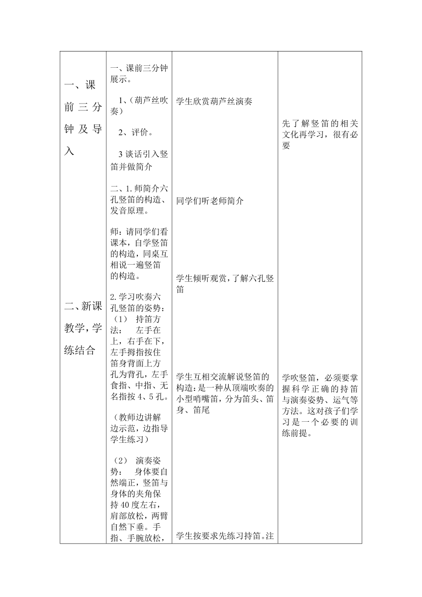 三年级下册音乐教案- 第五课 吹竖笛湘艺版（表格式）