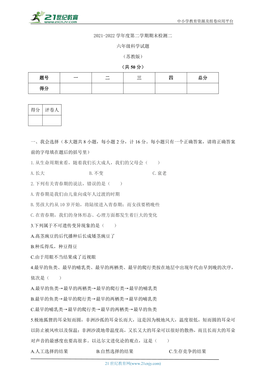 苏教版2021-2022学年六年级下册科学期末检测二（含答案）