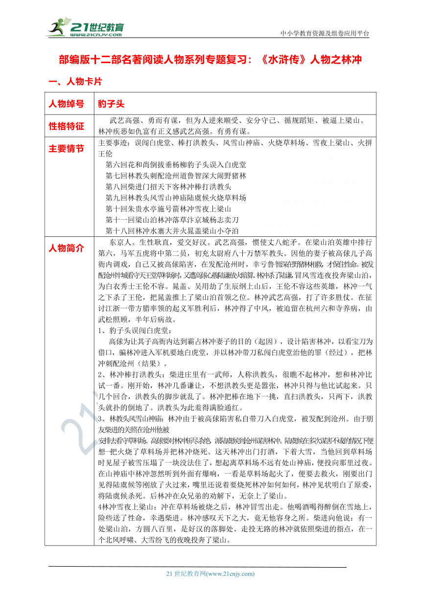 部编版十二部名著阅读人物系列专题复习：《水浒传》人物之林冲 学案