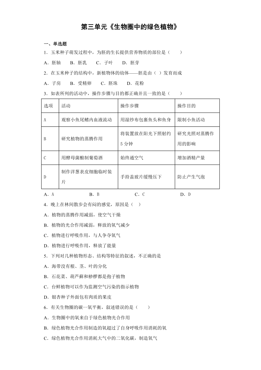 人教版七年级上册生物第三单元生物圈中的绿色植物练习题 （word版 含答案）