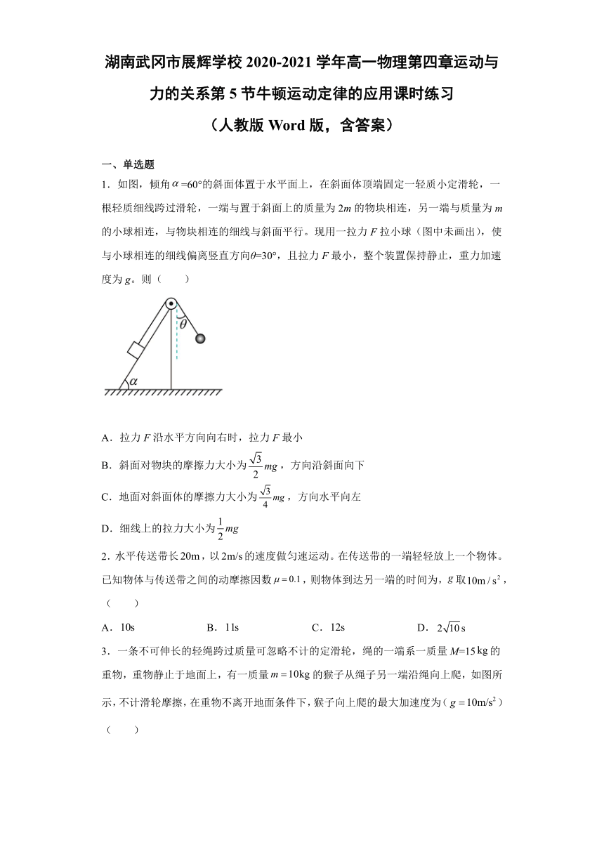 4.5 牛顿运动定律的应用 课时练习—湖南省武冈市展辉学校2020-2021学年高一上学期物理人教版（2019）必修第一册（Word含答案）