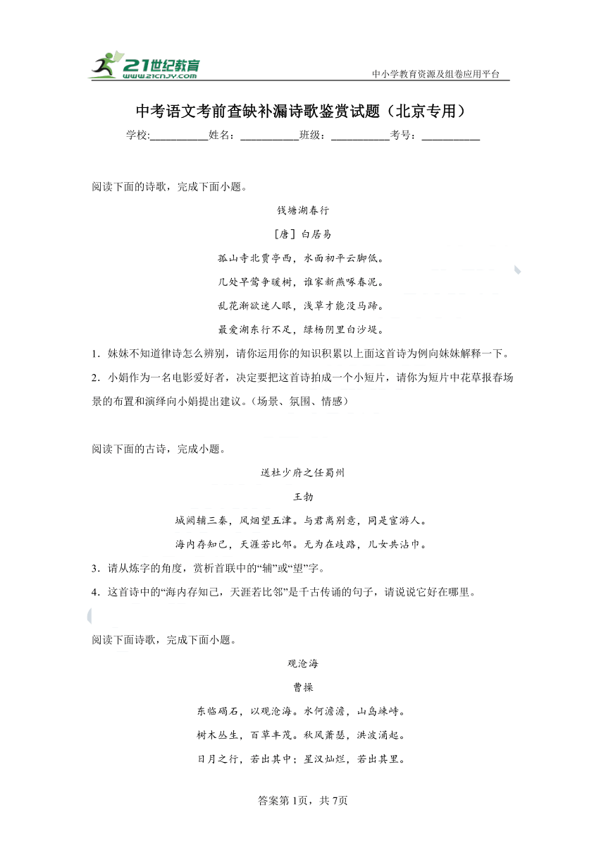 【备考2023】中考语文考前查缺补漏 诗歌鉴赏试题（北京专用）试卷（含答案）