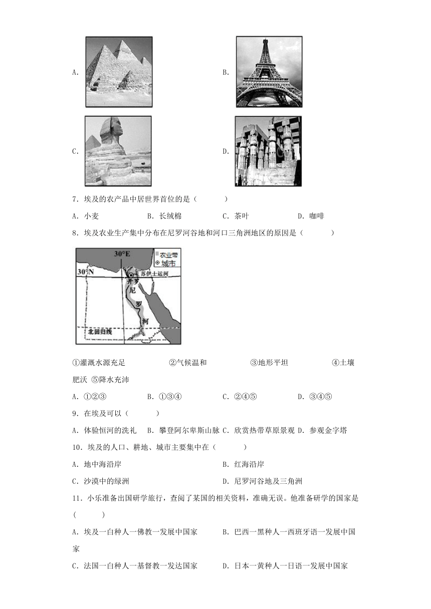 8.2 埃及 课后练习（含答案）2022-2023学年七年级地理下学期湘教版