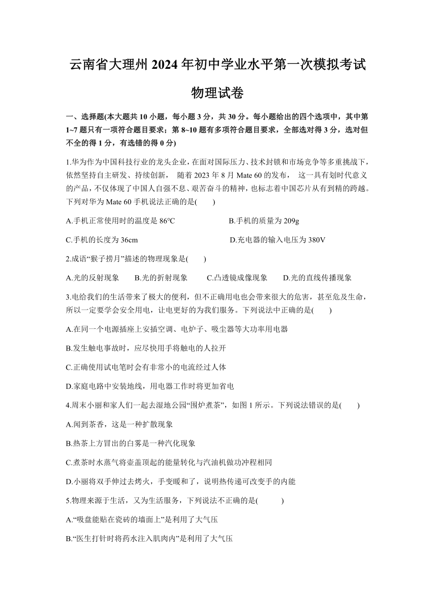2024年云南省大理州初中学业水平第一次模拟考试物理试卷（无答案）
