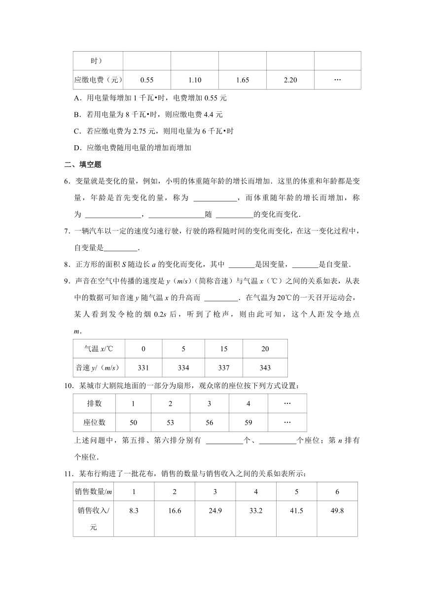 北师大版七年级下册《3.1 用表格表示的变量间关系》同步练习卷（含解析）