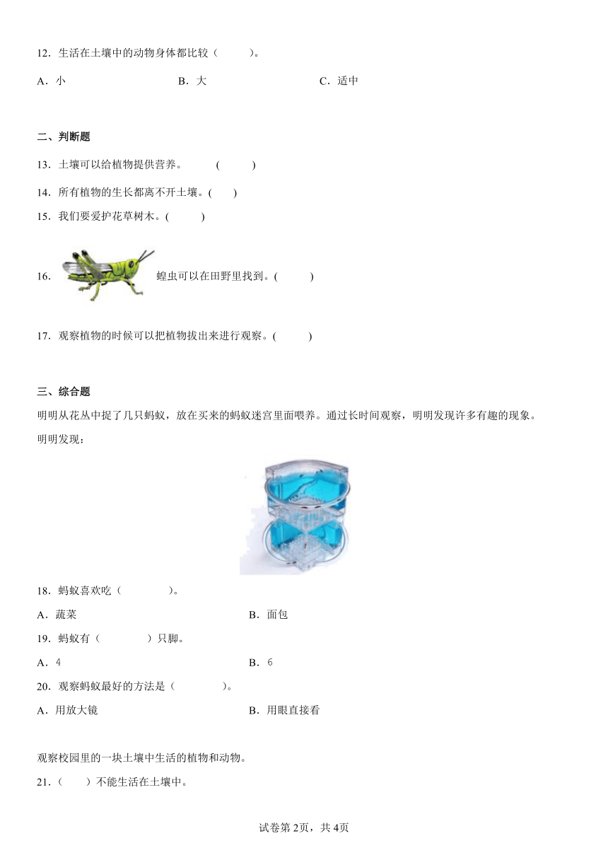 教科版（2017秋）科学 二年级上册 1.2土壤——动植物的乐园 同步练习（word版 含答案）