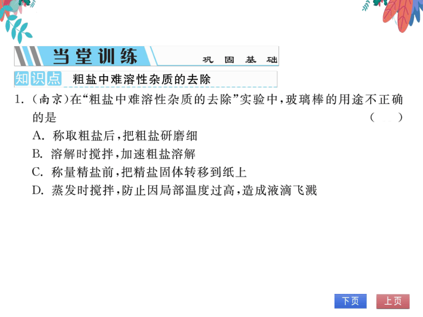 【人教版】化学九年级下册-第十一单元 实验活动8 粗盐中难溶性杂质的去除 (习题课件)