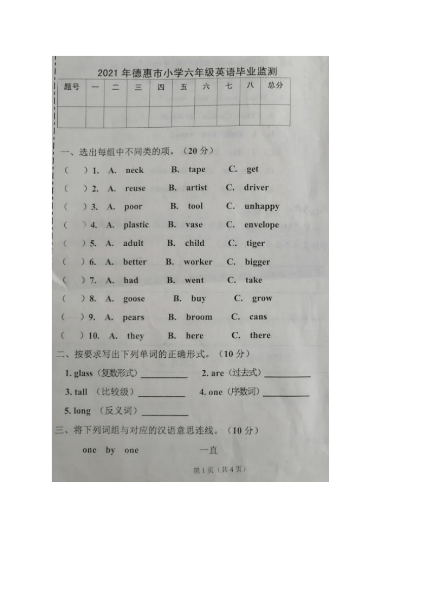 吉林省长春市德惠市2021年六年级毕业监测英语试题（图片版，无答案）