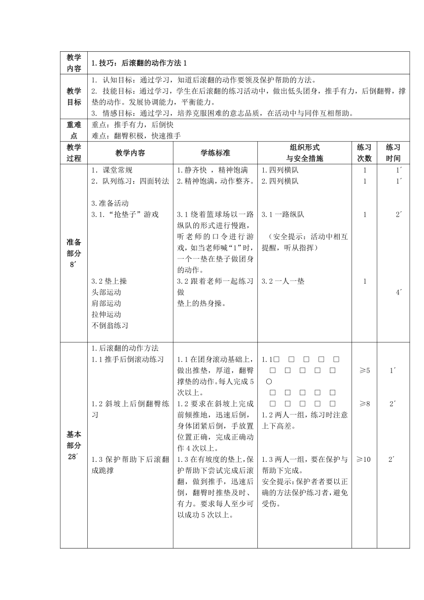 后滚翻动作方法（教案） （表格式）体育一至二年级