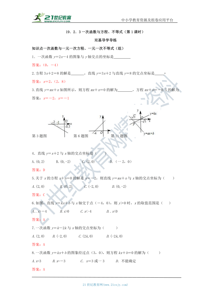 19.2.3 一次函数与方程、不等式（第1课时） 知识点导学导练+检测（含答案）