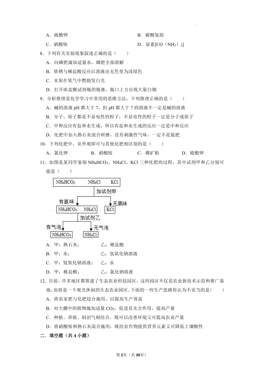 第十一单元第三节化学与农业生产基础练习—2021—2022学年九年级化学鲁教版下册（word版含解析）