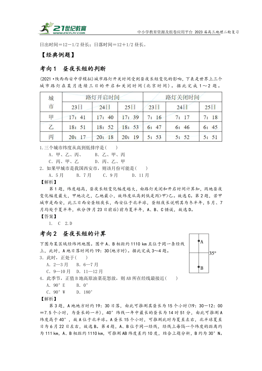 专题二地球运动   高考地理二轮梳理进阶学案（含解析）