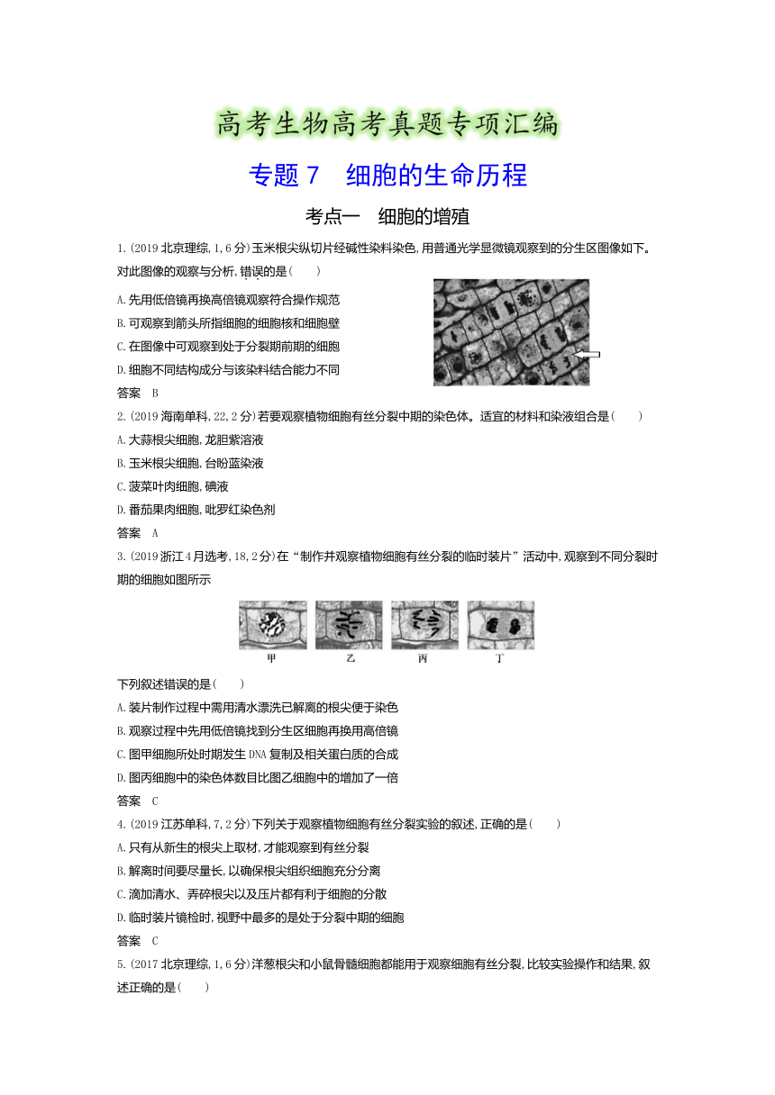 生物高考真题专项汇编：专题7 细胞的生命历程（含答案）