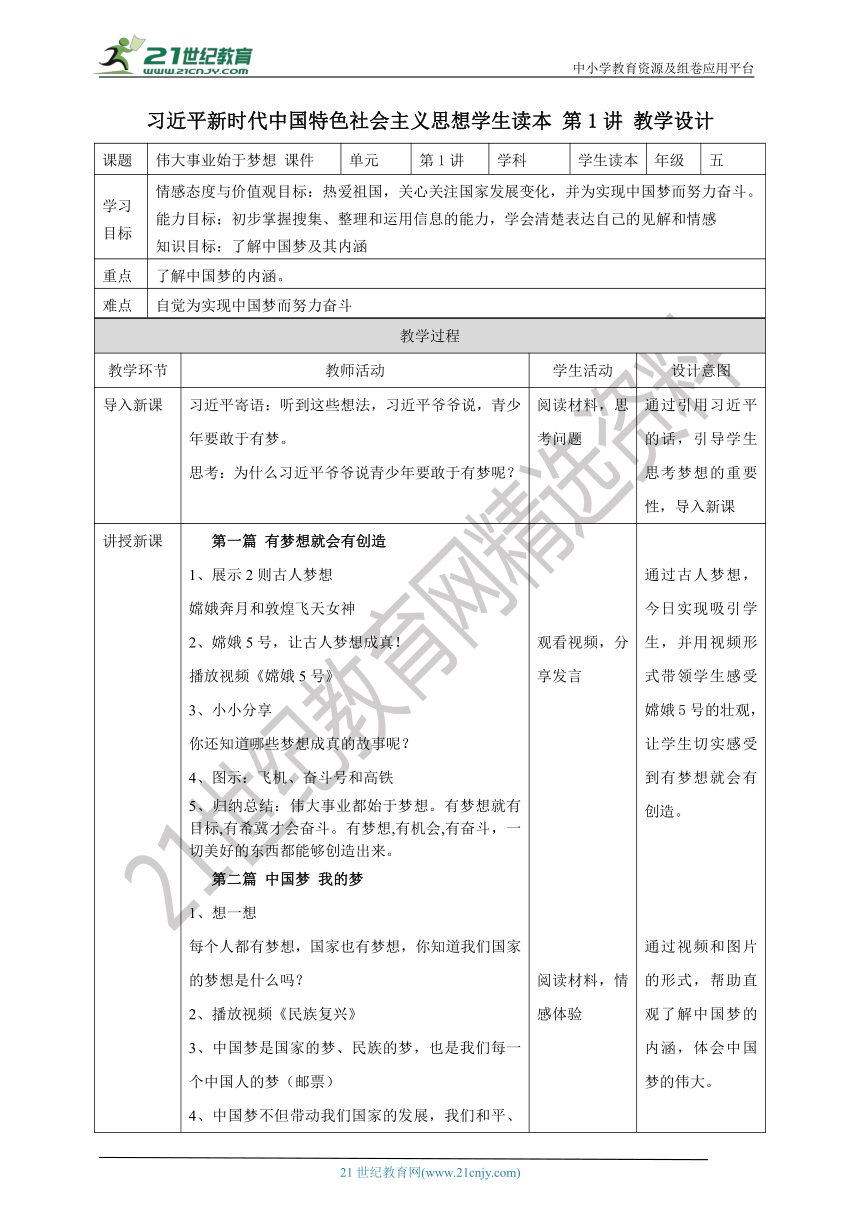 第1讲 伟大事业始于梦想 教案