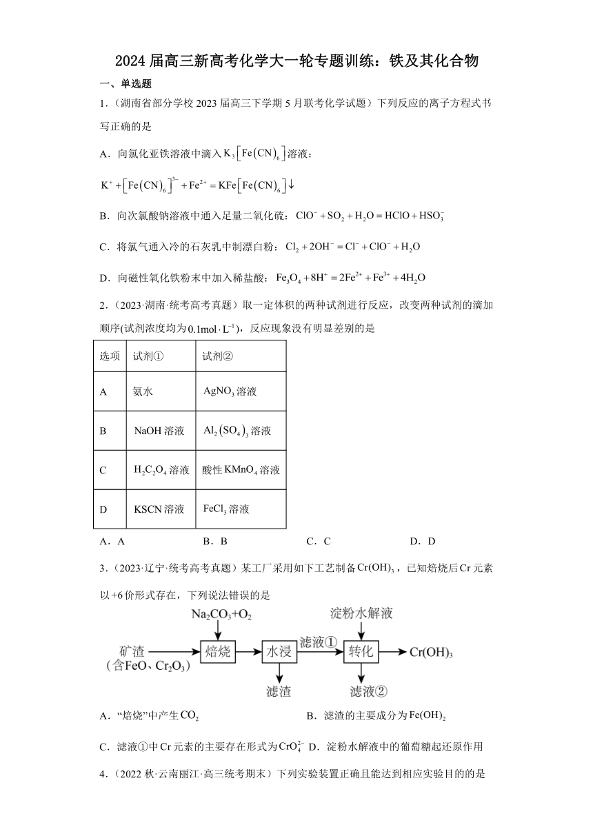 2024届高三新高考化学大一轮专题训练：铁及其化合物（含解析）