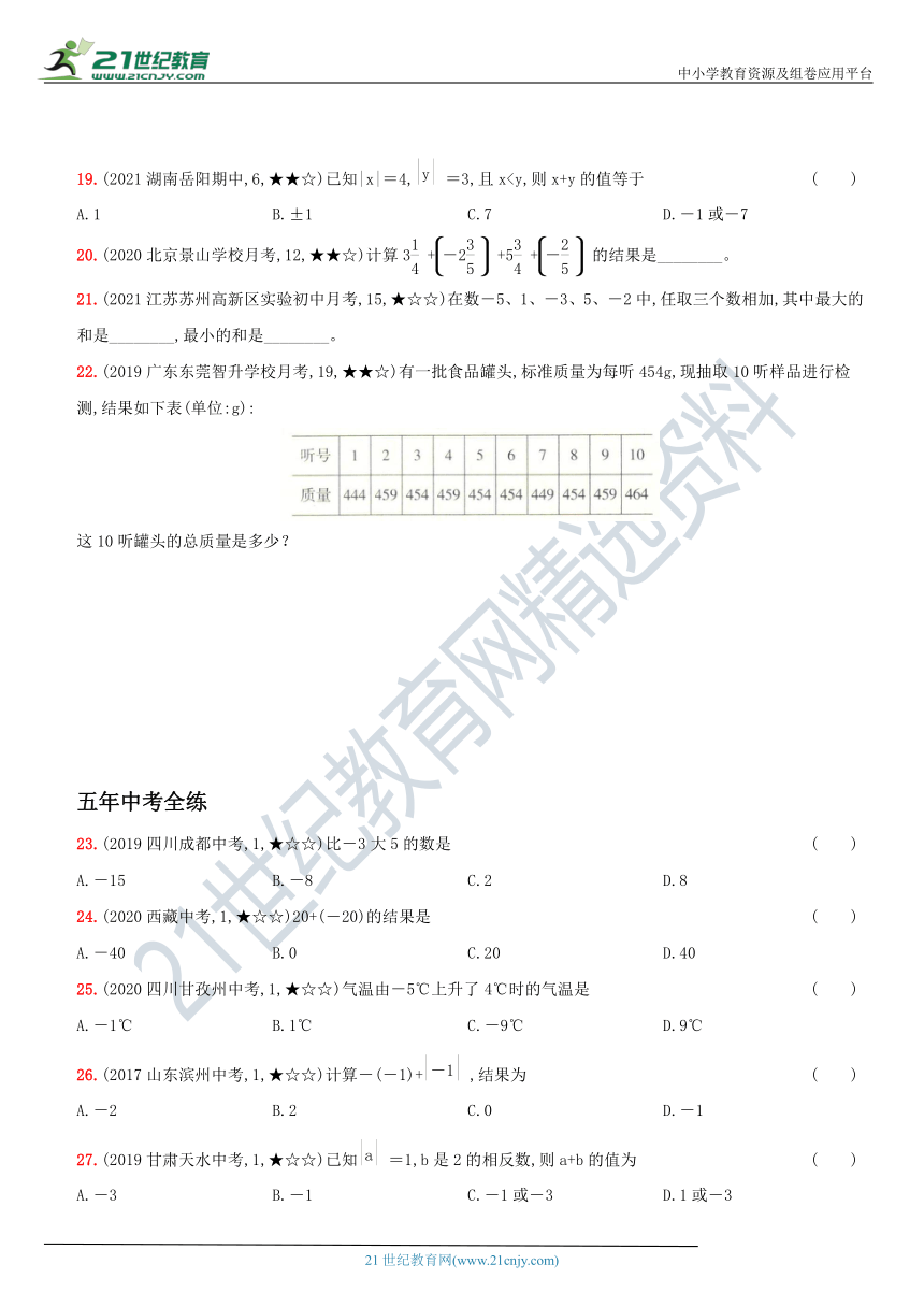 1.3 .1  有理数的加法－2021年秋季人教版七年级数学上册新考向多视角同步训练（含解析）