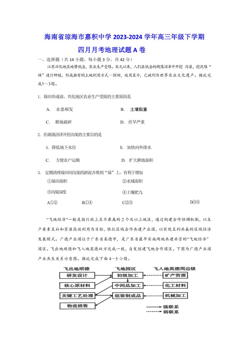 海南省琼海市嘉积中学2023-2024学年高三下学期四月月考地理试题A卷（含答案）