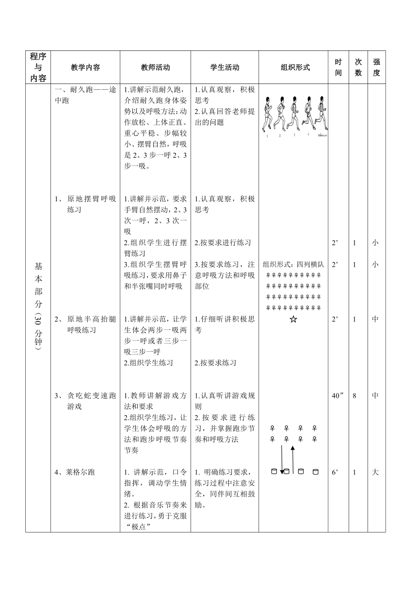 2022-2023学年初中体育与健康人教版八年级全一册 第二章　田径——耐久跑——途中跑 教案（表格式）