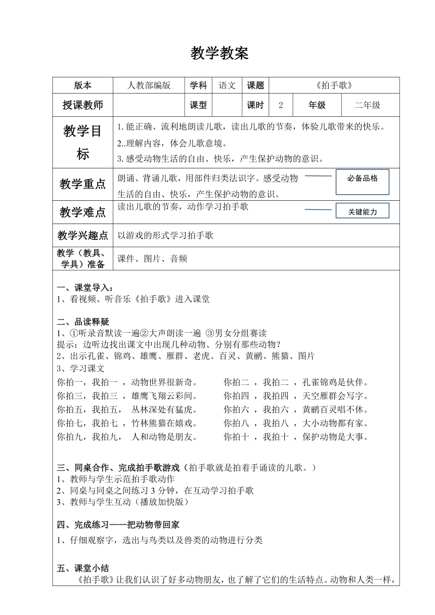 3 拍手歌 （表格式教案）