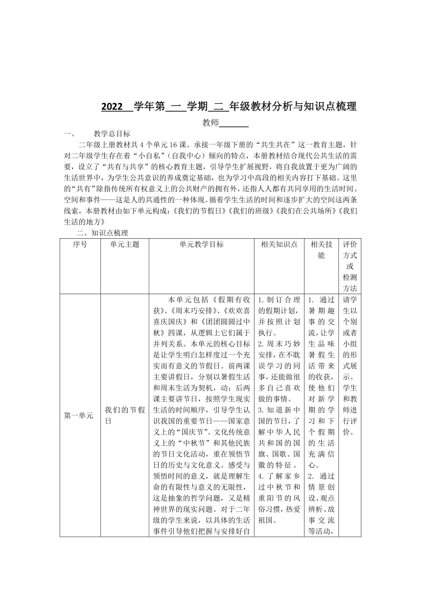 2022学年第一学期统编版（五四学制）二年级上册道德与法治教学计划