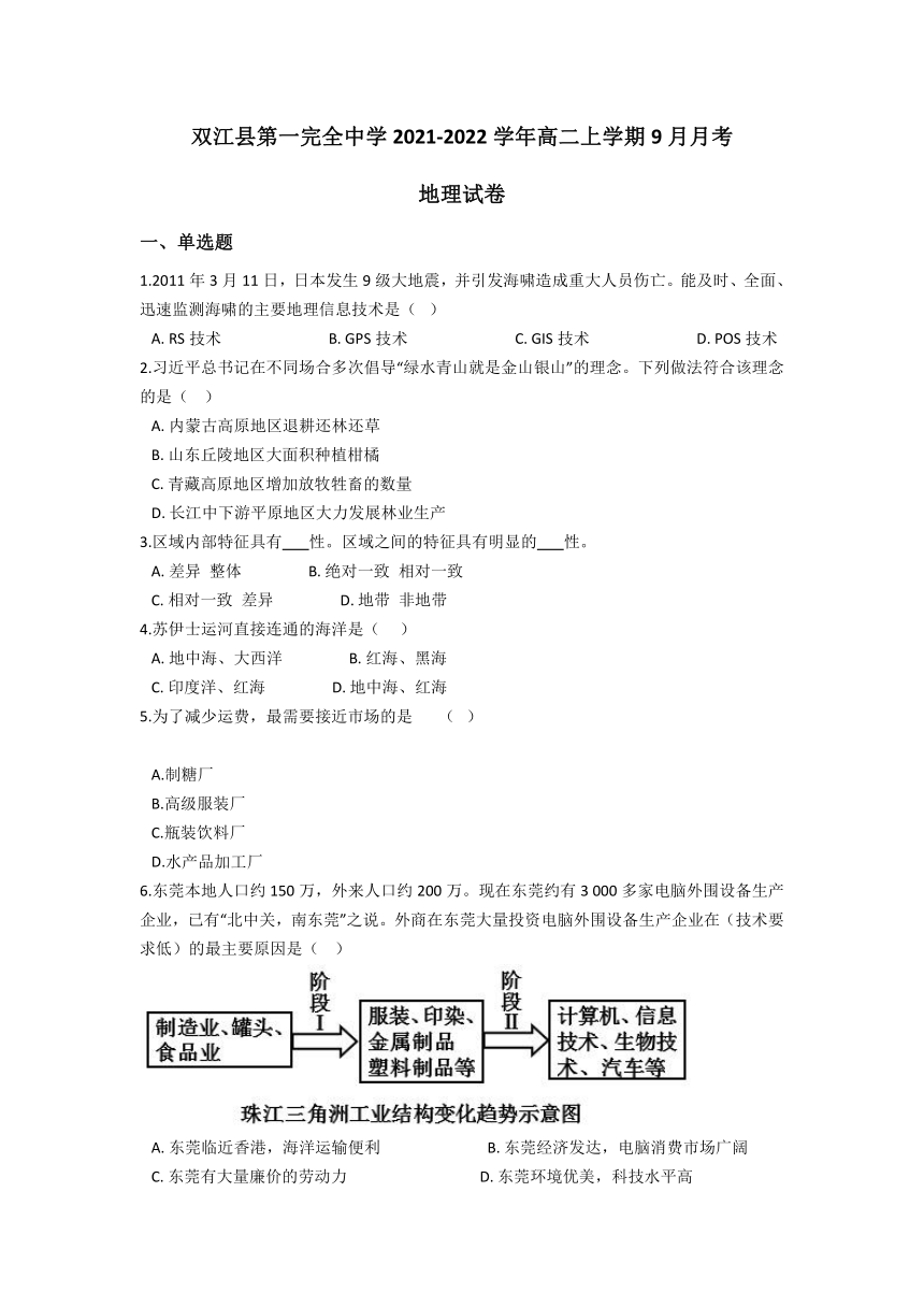 云南省双江县第一完全中学2021-2022学年高二上学期9月月考地理试题（Word版含答案）