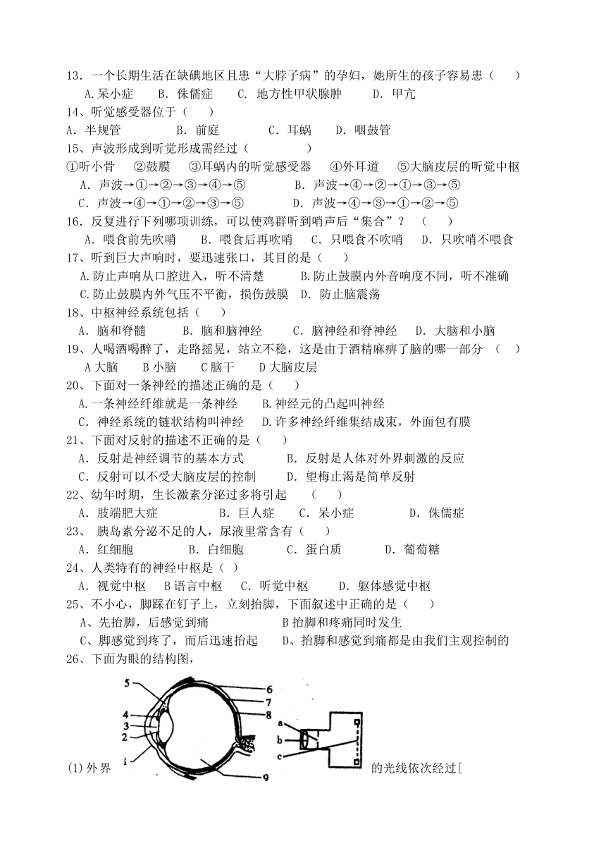 人教版生物七年级下册 第六章《人体生命活动的调节》章末检测（word版，含答案）