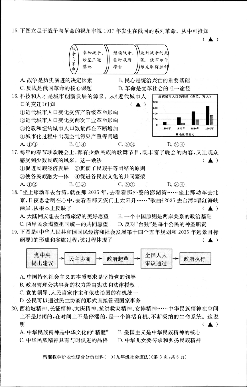 浙江省湖州市长兴县2022学年第二学期精准教学阶段性综合分析材料(一) 九年级社会道法（PDF版 含答案）