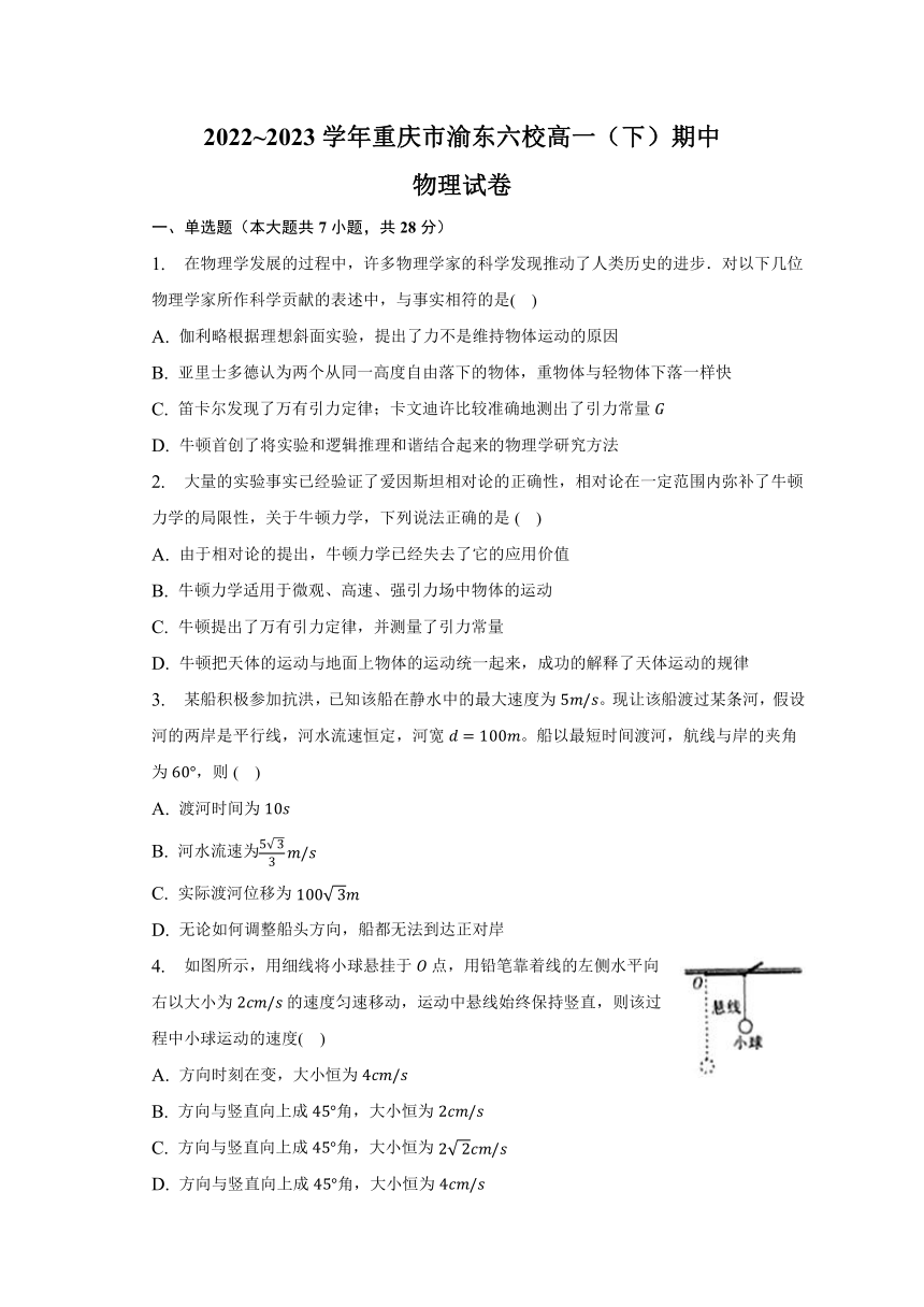 重庆市渝东六校2022-2023学年下学期高一期中物理试卷（含解析）