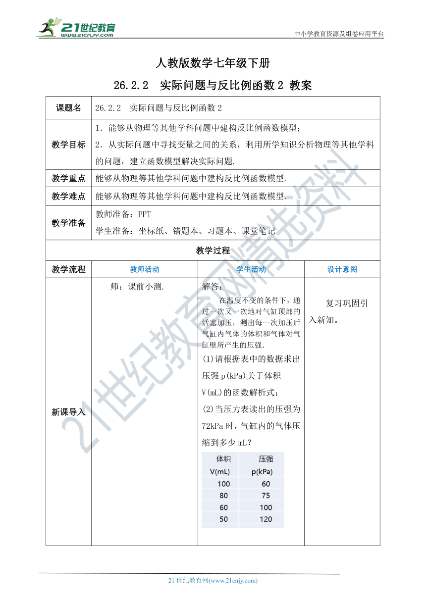 【精品原创】人教版数学九年级下册 26.2.2 《实际问题与反比例函数2》教案