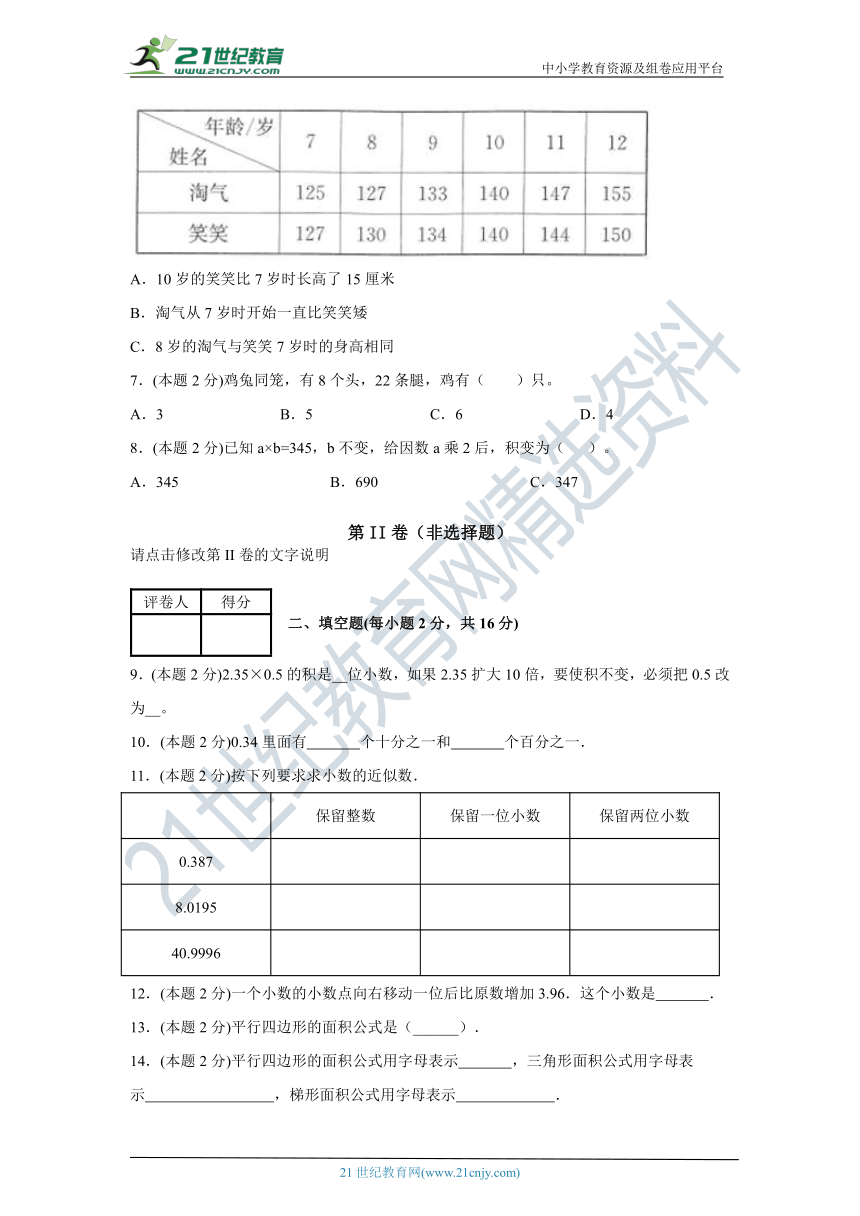 北京版小学数学五年级上册期末考试试卷（含答案）