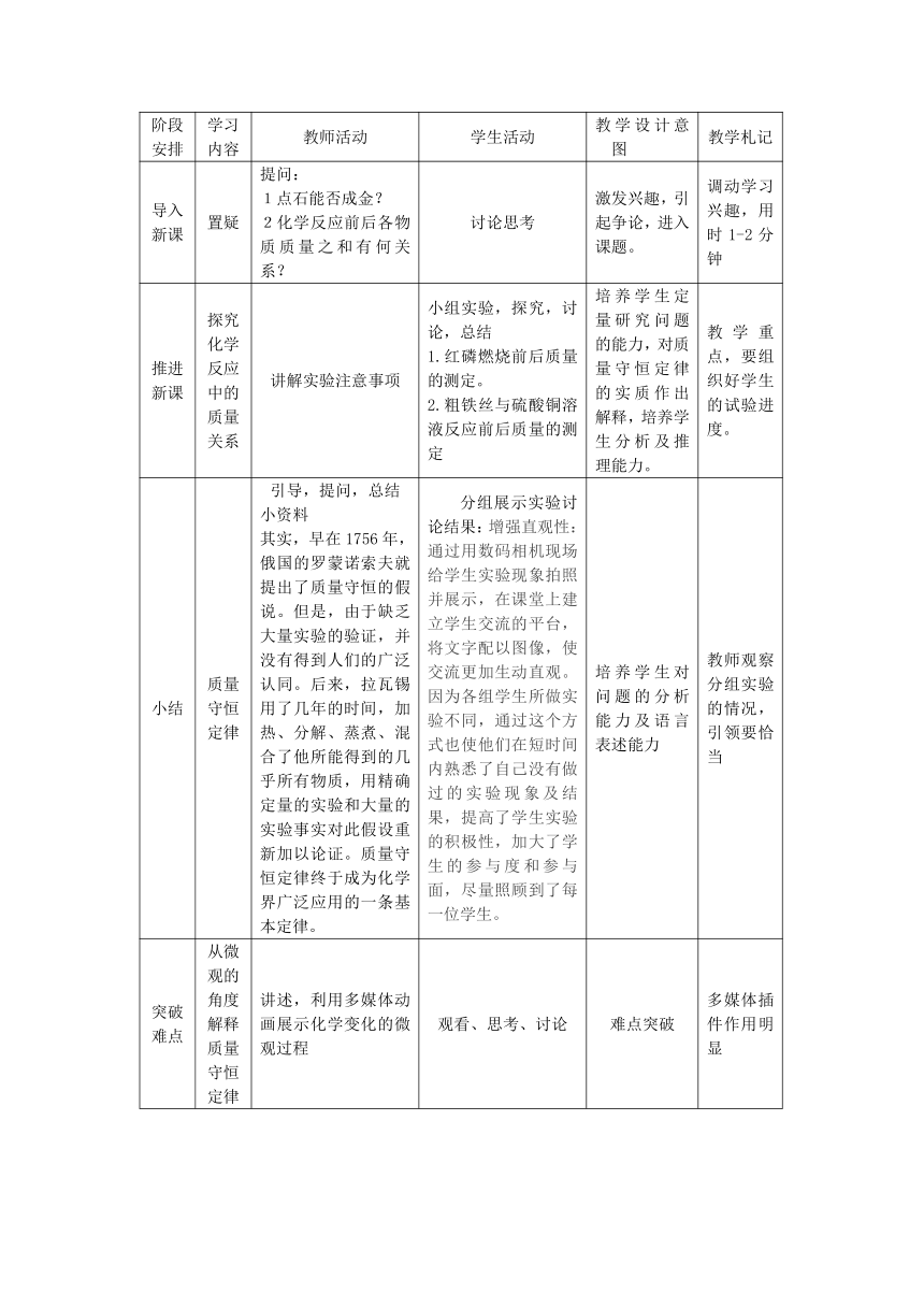 人教版（五四学制）化学八年级全册 第五单元  课题1   质量守恒定律  第一课时教案（表格式）