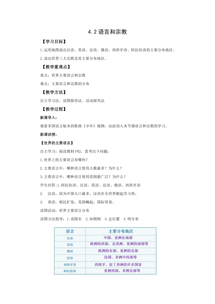 地理仁爱科普版七上4.2语言和宗教 教学设计