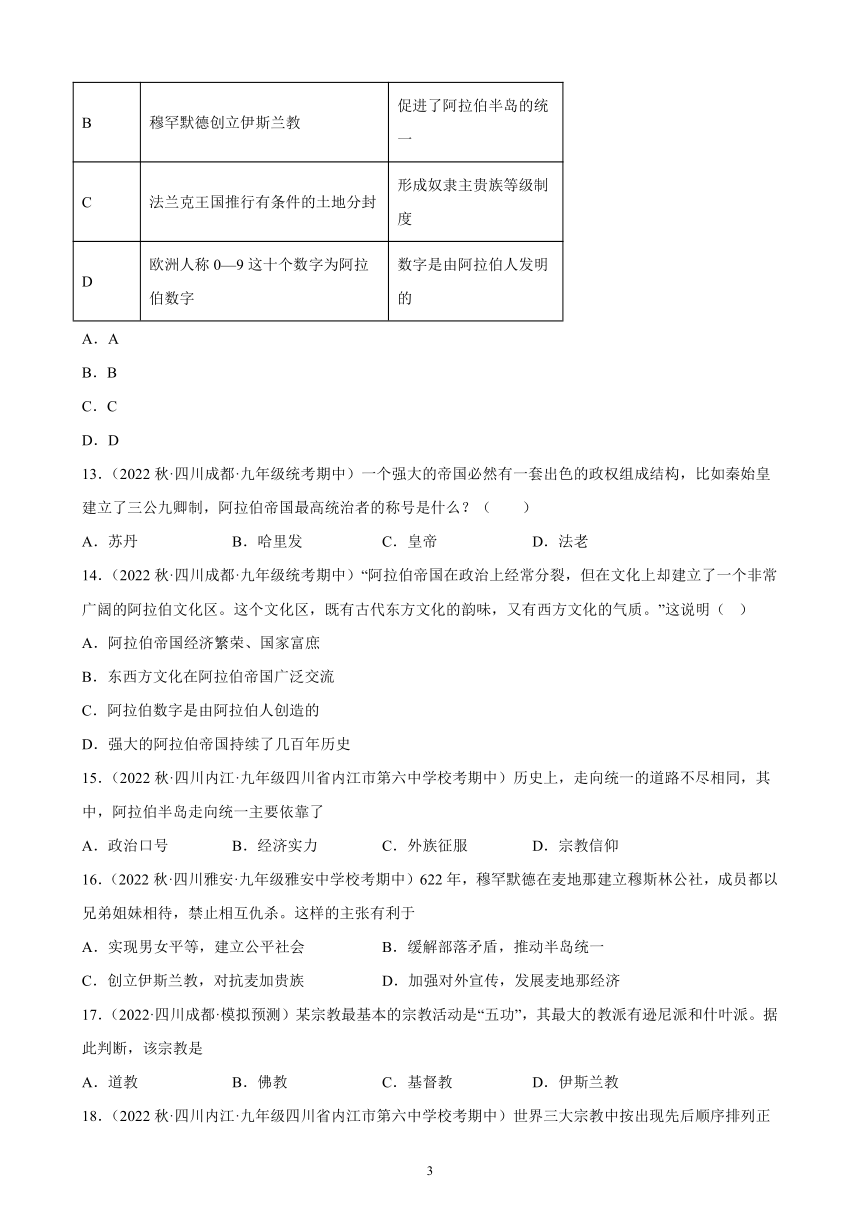 四川省2023年中考备考历史一轮复习封建时代的亚洲国家 练习题（含解析）