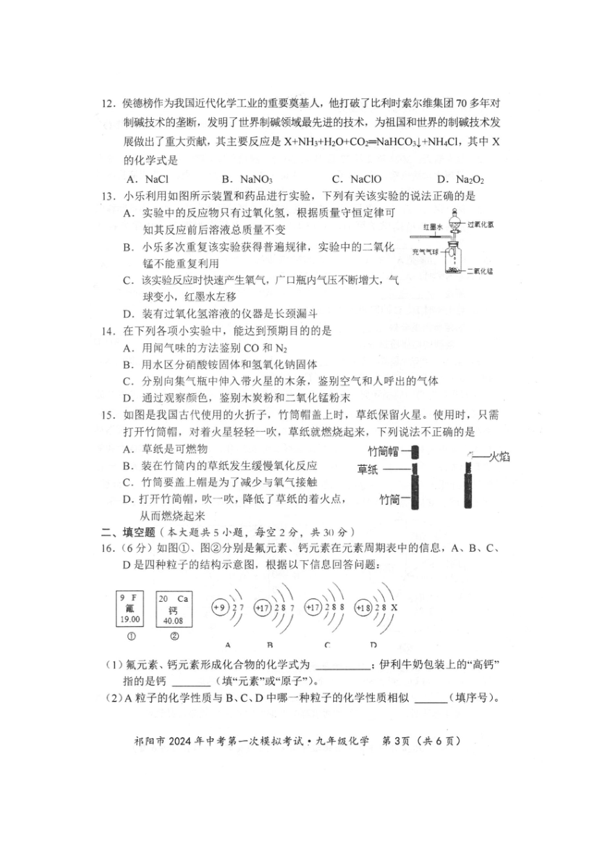 湖南省永州市祁阳市2024年中考第一次模拟考试九年级化学试题卷（图片版　无答案）