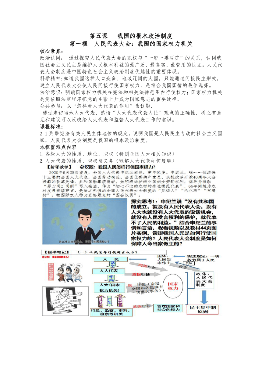 5.1人民代表大会：我国的国家权力机关 教案  2022-2023学年高中政治统编版必修3