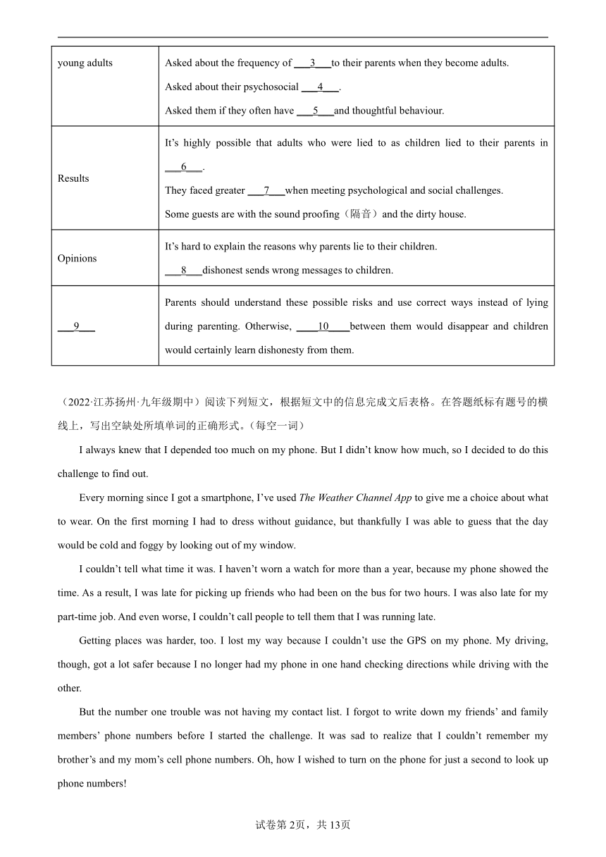 专题11 阅读填表10篇-2023届九年级英语名校真题分类汇编（江苏专用）（含答案）