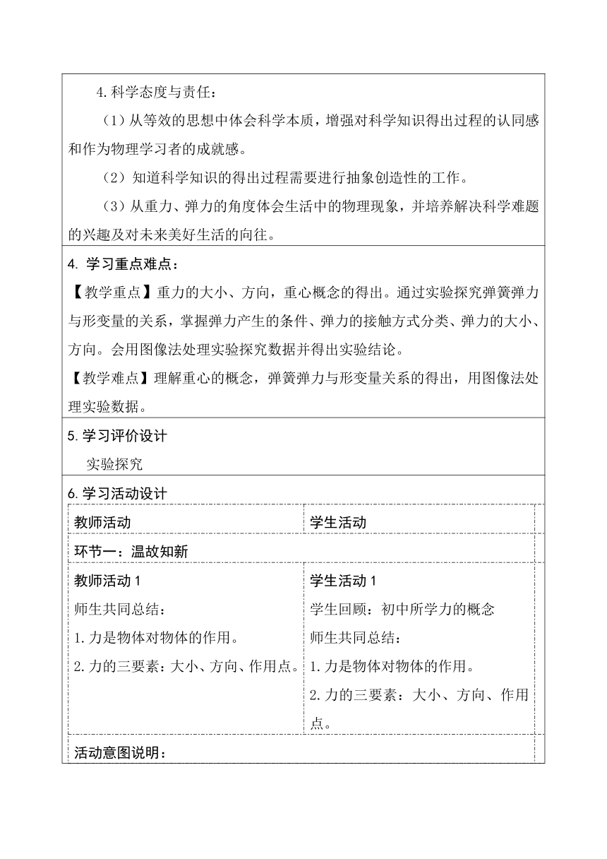 3.1 重力与弹力 教学设计（表格式）