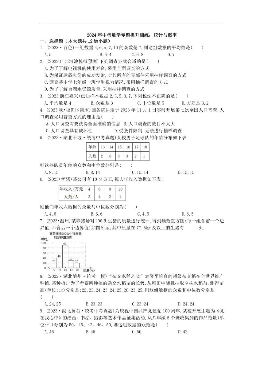 2024年中考数学专题提升训练：统计与概率-试卷(无答案)