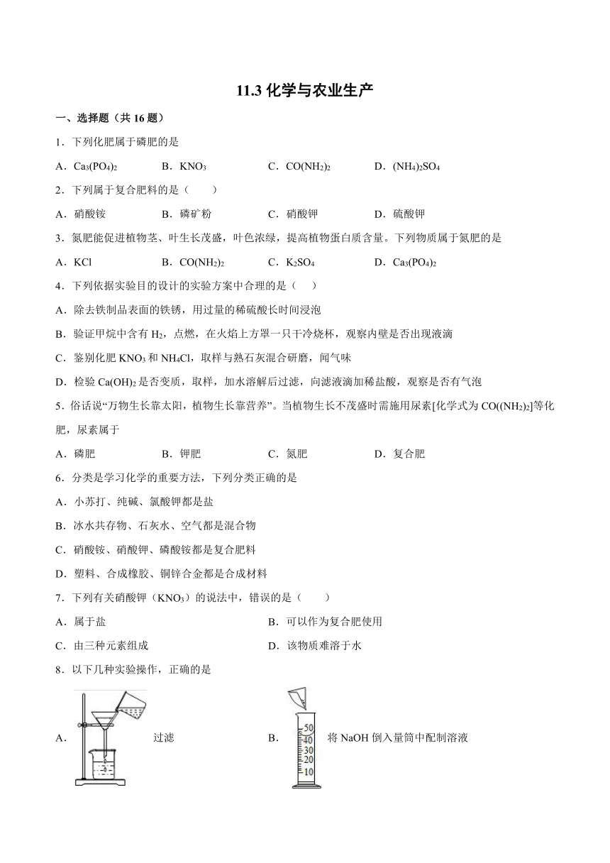 11.3化学与农业生产-2021-2022学年九年级化学鲁教版下册（word   含解析）