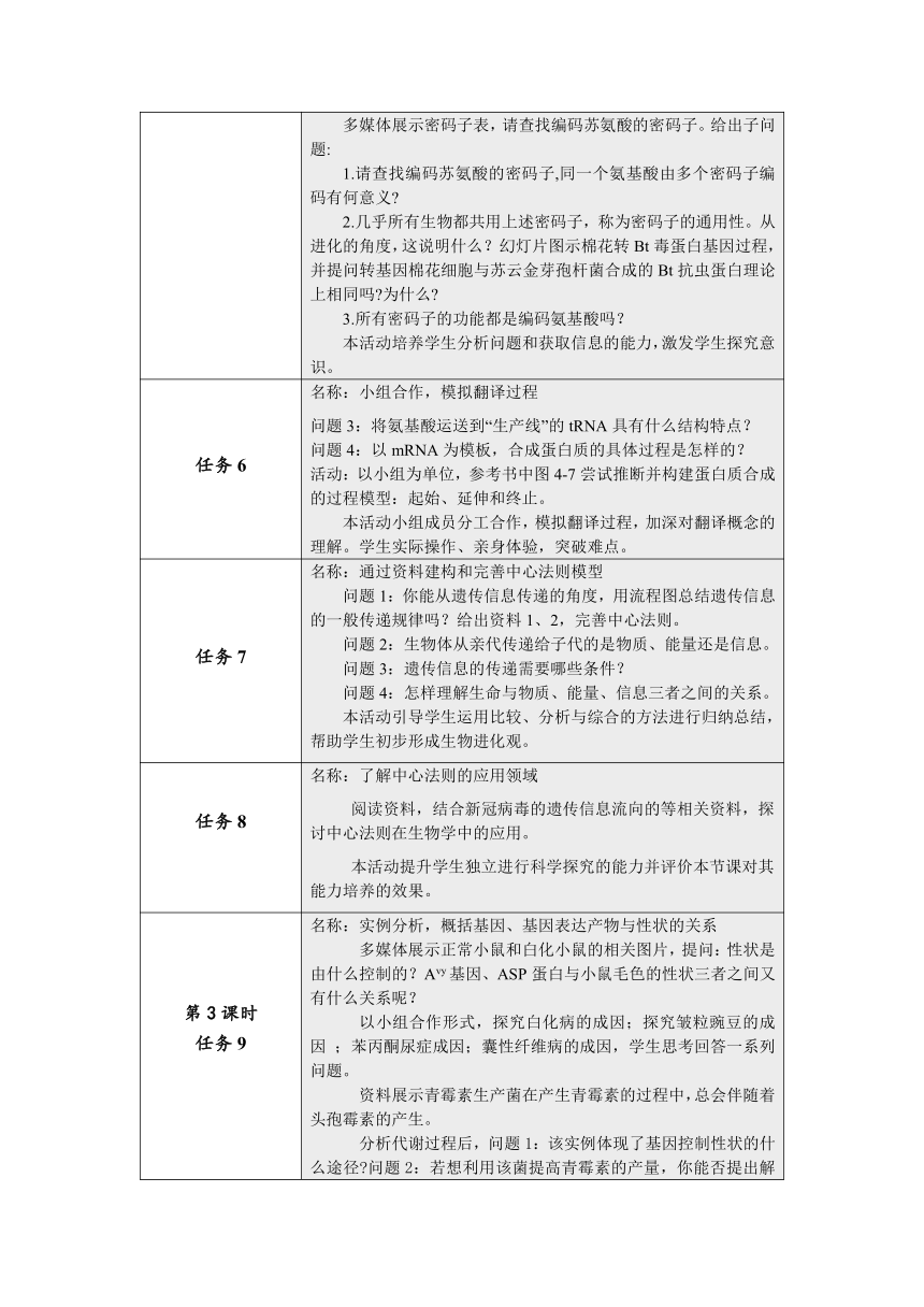 2022-2023学年高一下学期生物人教版必修2第4单元基因的表达单元教学设计（表格式）