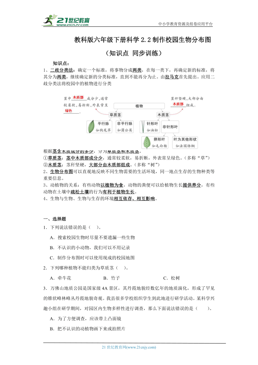 教科版六年级下册科学2.2制作校园生物分布图（知识点+同步训练）