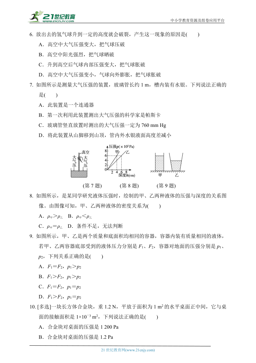 教科版物理八年级下册 第九章 压强  达标测试卷（含答案）