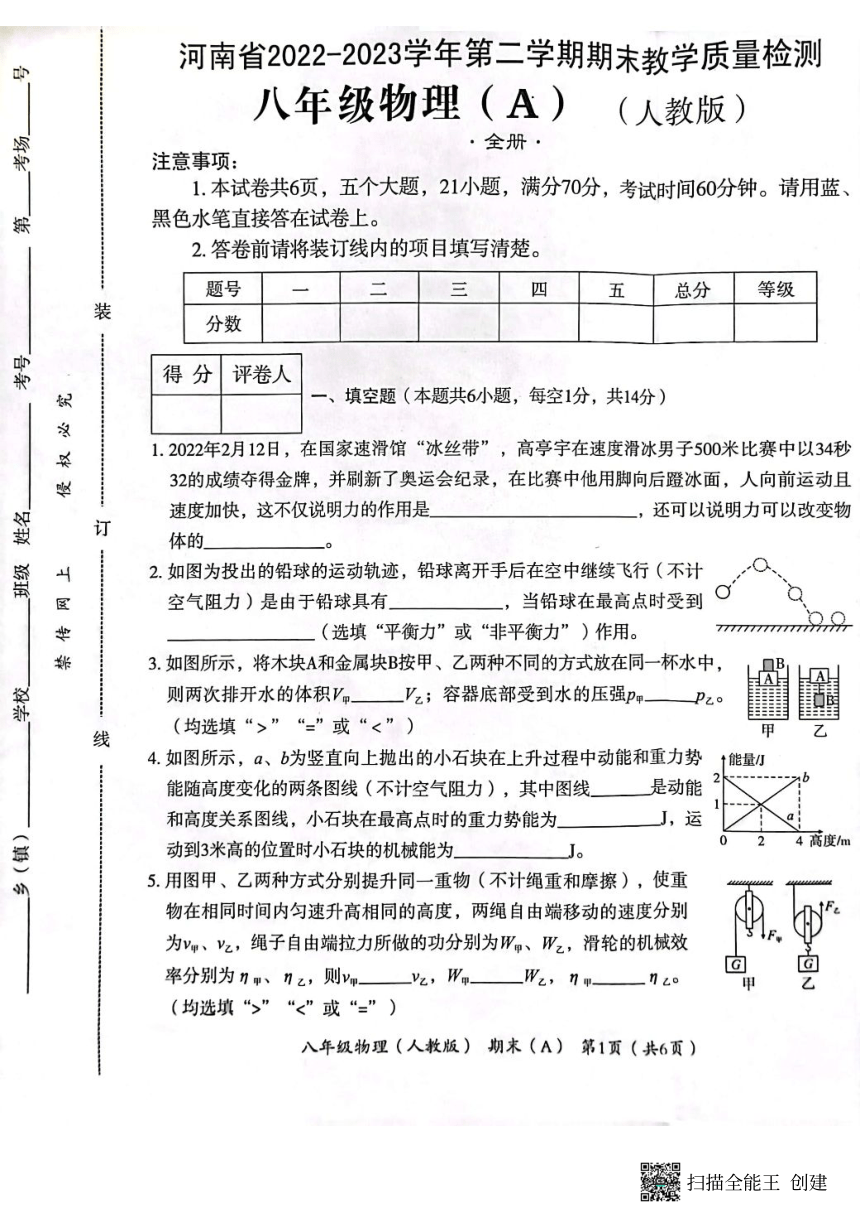 河南省虞城县部分学校2022-2023学年八年级下册物理期末预测卷A(PDF含答案)