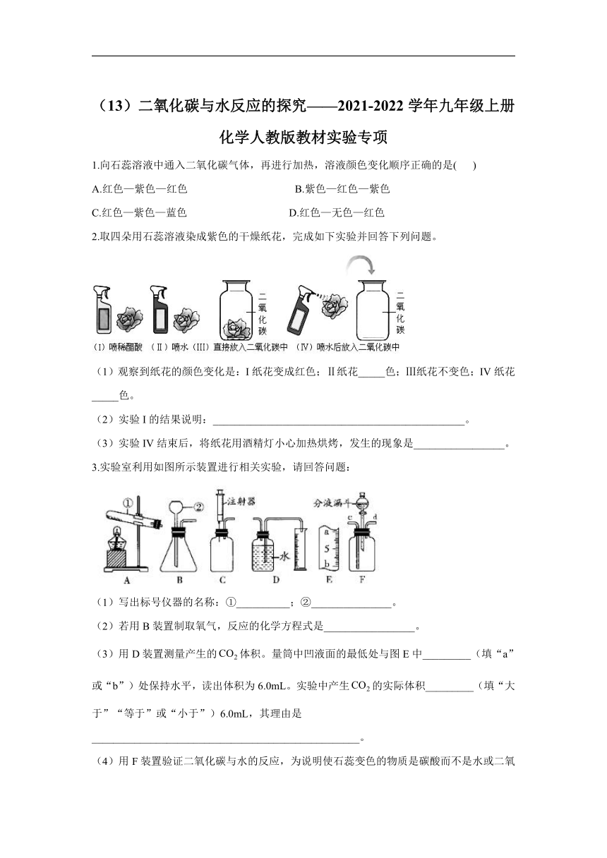 人教版教材实验专项（13）二氧化碳与水反应的探究——2021-2022学年九年级上册化学期末复习专题训练（含解析）