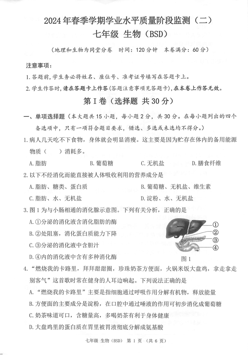 广西壮族自治区河池市2023-2024学年七年级下学期期中考试生物试题（PDF版无答案）