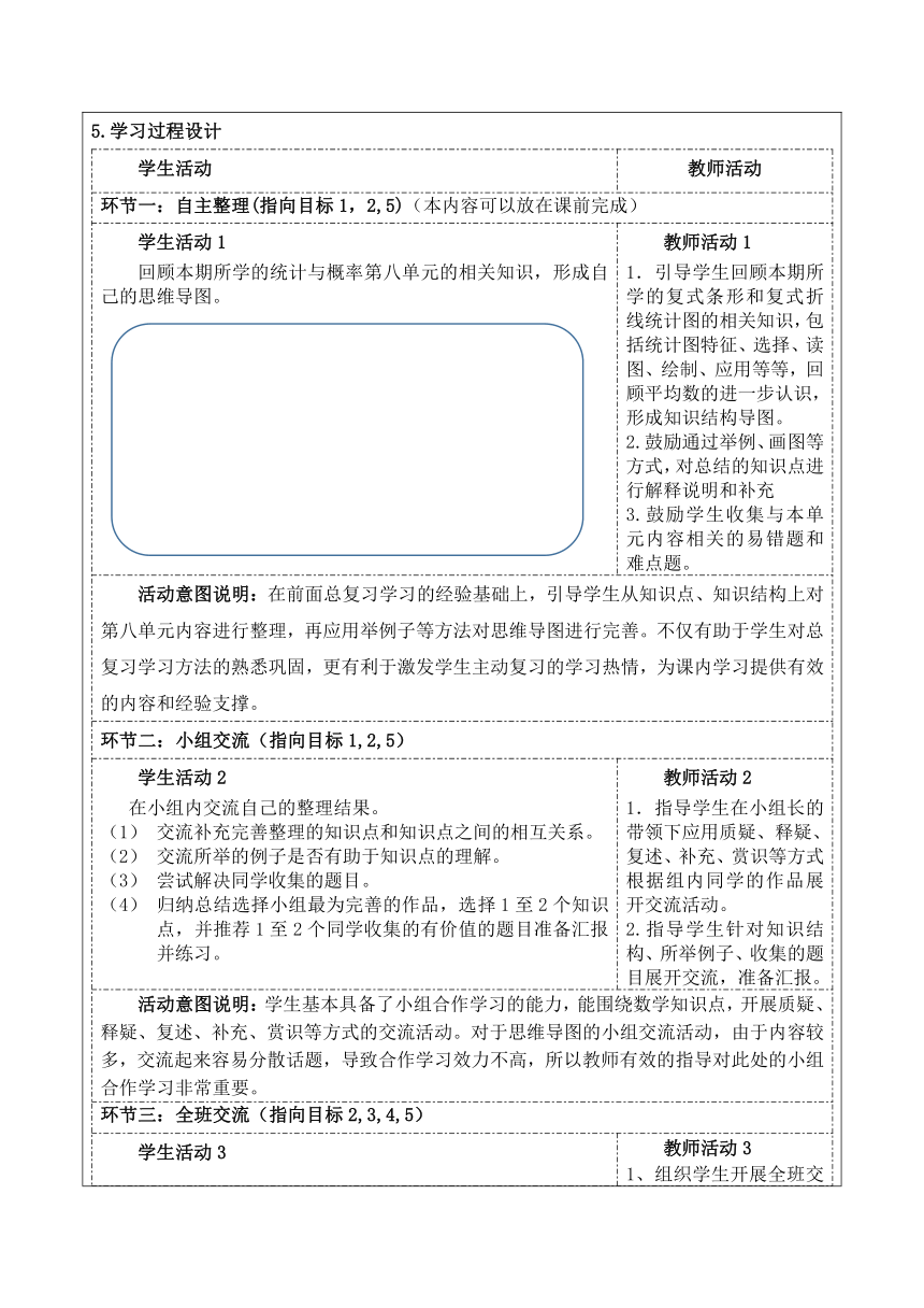 北师大版数学五年级下册总复习（五）《统计与概率》教学设计（公开课教案+导学案+表格式）