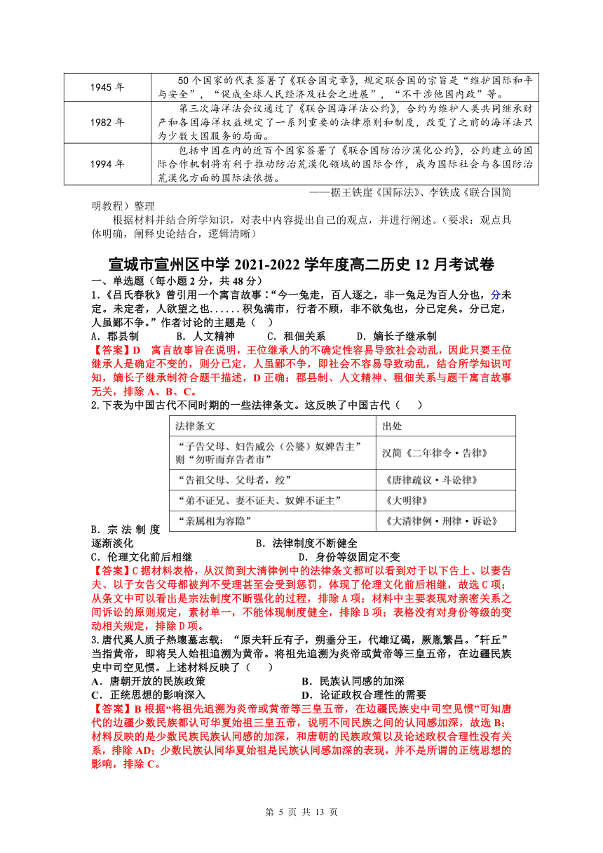 安徽省宣城市宣州区中学2021-2022学年高二上学期12月月考历史试题（Word解析版）