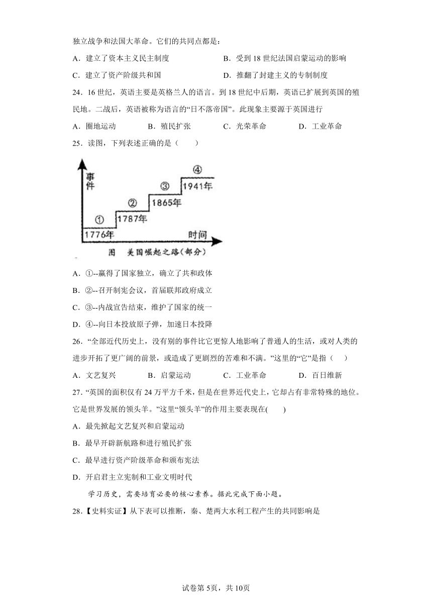 中考历史与社会专题复习：近代世界的发展 选择题 专项训练（含答案）   人教版（人文地理）